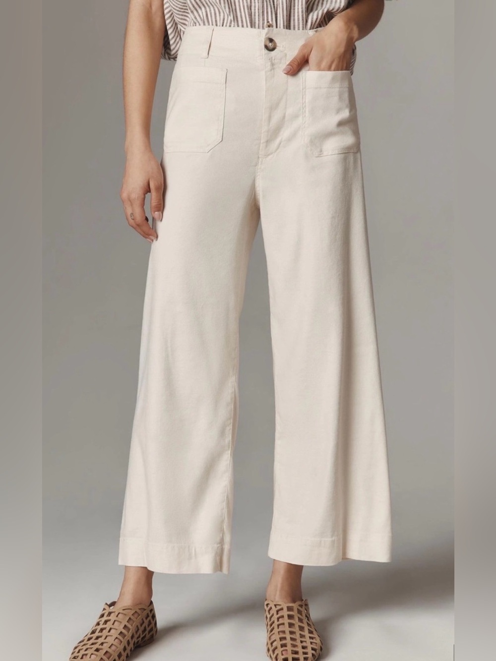 Maeve by Anthropologie Cream Linen Blend Wide-Leg High-Rise Pants